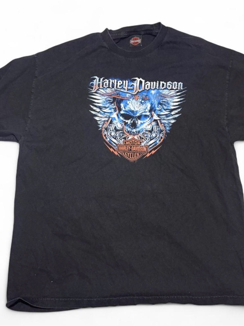 Harley-Davidson Black Tee with Blue & Orange Skull Wing Graphic